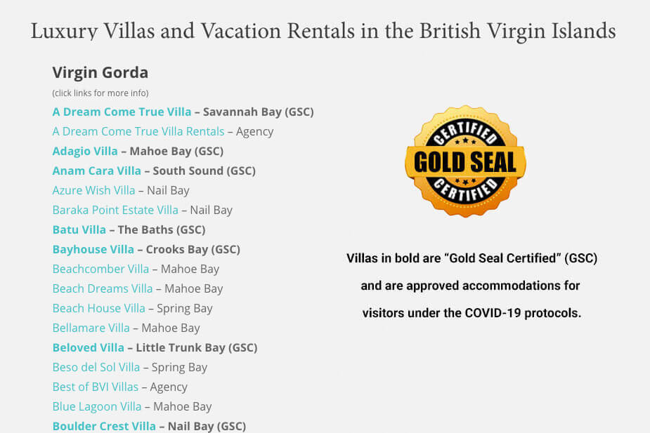 BVI Gold Seal Certified Accommodations List